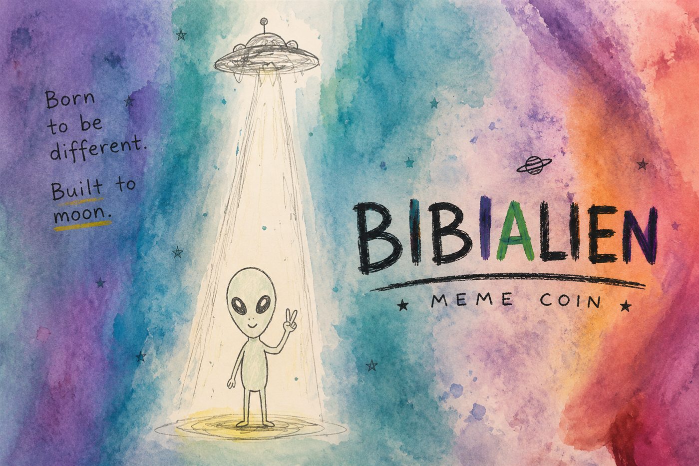 Watercolour illustration: a small alien stands in the beam of a flying saucer, making a peace sign. Handwritten text reads Born to be different, Built to moon.