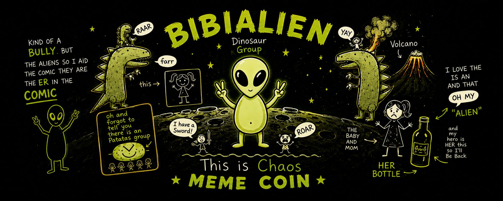 Wide black and green illustration titled BIBIALIEN MEME COIN. The alien stands on the moon flanked by two dinosaurs, a volcano erupts, a child holds a sword, a woman stands beside a bottle, and scrawled captions run across the scene. Text at the bottom reads This is Chaos.